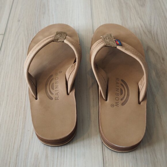 Rainbow Tan Flip Flops Double Layer Premier Leather Arch Support Sz W 5.5-6.5 - Picture 8 of 15